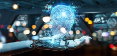 Cyborg bulanık arka planda yapay zeka 3d render oluşturma