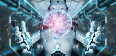 Cyborg bulanık arka plan dijital soru işaretleri 3d render ile sorun çözme
