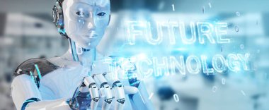 Geleceğin teknolojisi metin hologram 3B oluşturmayı kullanarak arka plan bulanık beyaz kadın robot