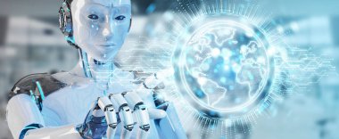 Dünya ağ hologram Amerika ABD harita 3d render ile kullanarak arka plan bulanık beyaz robot kadına