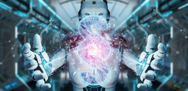 Cyborg Yargıç 3d işleme dijital paragraf hukuk simgesini kullanarak arka plan bulanık üzerinde