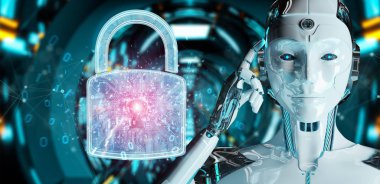 Arka plan bulanık 3d render robot tarafından kullanılan web güvenlik koruma arayüzü