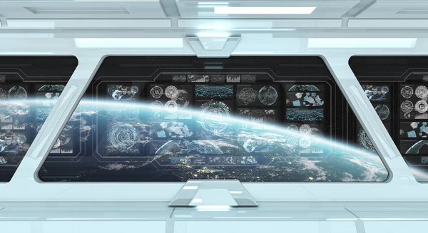 White spaceship interior in space with control panel digital screens 3D rendering