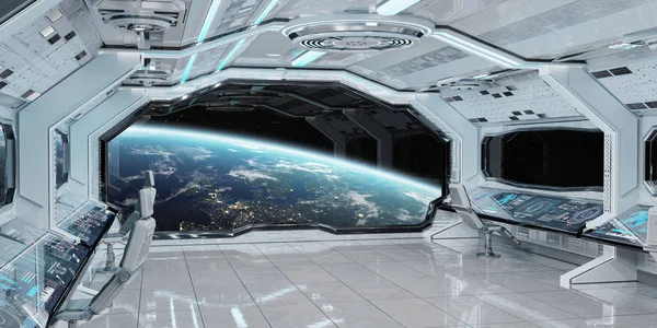 Biały Czysty Statek Kosmiczny Wnętrza Widokiem Planecie Ziemi Renderowania Elementów — Zdjęcie stockowe
