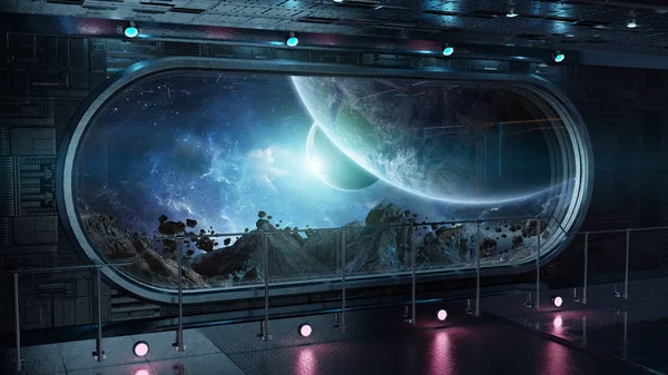 Statek Kosmiczny Tech Czarny Okrągły Wnętrze Okna Widokiem Odległych Planetach — Zdjęcie stockowe