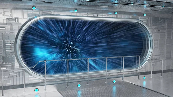 白色技术宇宙飞船圆形窗口内部跳跃到光速3D 渲染元素的这张图片由 Nasa — 图库照片