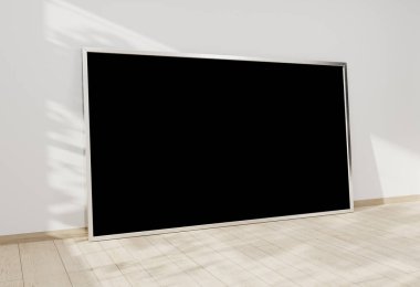 Ahşap iç 3d render beyaz bir duvara yaslanmış büyük yatay çerçeve