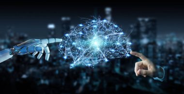 Beyaz insansı el bulanık arka plan yapay zeka 3d render oluşturma