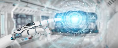 Beyaz insansı el dijital küresel ağ 3B oluşturmayı kullanarak arka plan bulanık üzerinde