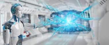 İnsan DNA'sı 3d render tarama bulanık arka plan üzerinde beyaz erkek cyborg