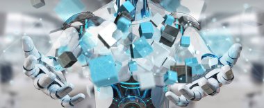 Mavi dijital küp yapısını 3B oluşturmayı kullanarak bulanık arka plan üzerinde beyaz cyborg