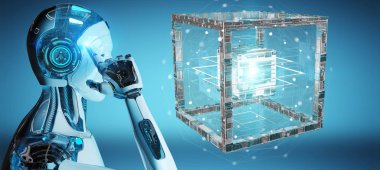 Geleceğin teknolojisi yapısı 3d render oluşturma bulanık arka plan üzerinde beyaz robot