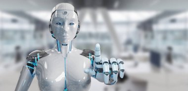 Beyaz kadın robot uzay arka plan 3d render onun parmak işaret