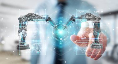 Robotik Kol ile dijital ekran 3d rendering kullanarak arka plan bulanık üzerinde işadamı