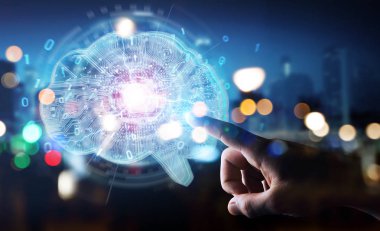 Yapay zeka bir dijital beyin 3d render oluşturma bulanık arka plan üzerinde işadamı