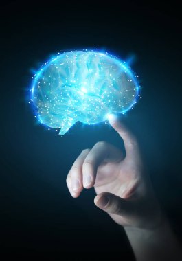 İşkadını Dijital 3d projeksiyon insan beyninin 3B oluşturmayı kullanarak arka plan bulanık üzerinde