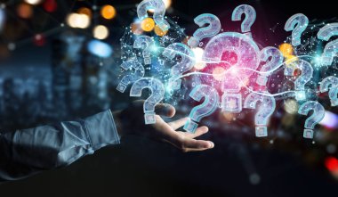 İşadamı bulanık arka plan dijital soru işaretleri 3d render ile sorun çözme