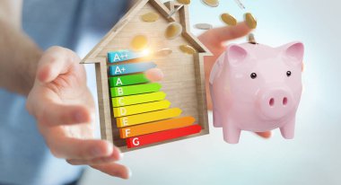 İşadamı iyi enerji grafik rating 3d render ile para tasarrufu bulanık arka plan üzerinde