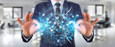 İşadamı dijital göz gözetim hologram 3B oluşturmayı kullanarak arka plan bulanık üzerinde