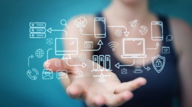 İşkadını teknik cihazlar ve simgeler ince çizgi arabirimini kullanarak arka plan bulanık üzerinde