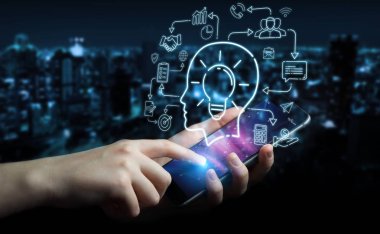 İnce çizgi simgesini proje planı sunusu ile cep telefonu kullanarak iş kadını