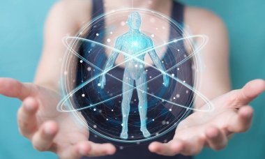 İşkadını dijital röntgen insan vücudu tarama arabirimi 3d rendering kullanarak arka plan bulanık üzerinde