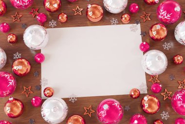 Noel kartı mockup pembe baubles 3d render ile beyaz ahşap üzerine
