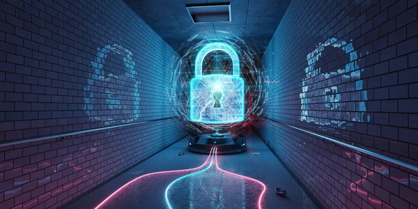 Holograma Seguridad Cibernética Subterránea Azul Rosa Con Candado Digital Renderizado —  Fotos de Stock