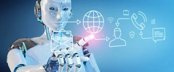 Hvit Robot Uklar Bakgrunn Som Styrer Sosiale Nettverksikoner – stockfoto
