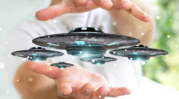 Şadamı Retro Ufo Uzay Gemisi Render Ile Bulanık Arka Plan — Stok fotoğraf