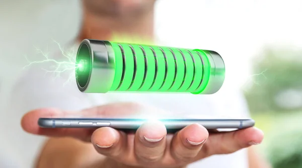 Businessman Blurred Background Using Green Battery Lightnings Rendering — Stock Photo, Image