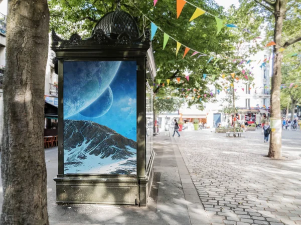 Outdoor newspaper kiosk advertisement billboard in Paris street