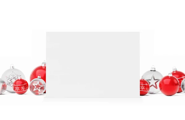 Tarjeta Navidad Blanco Que Pone Bolas Rojas Aisladas Representación Fondo —  Fotos de Stock