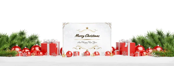 Karácsonyi Kártya Szóló Piros Baubles Ajándék Fehér Háttér Előtt Leképezés — Stock Fotó