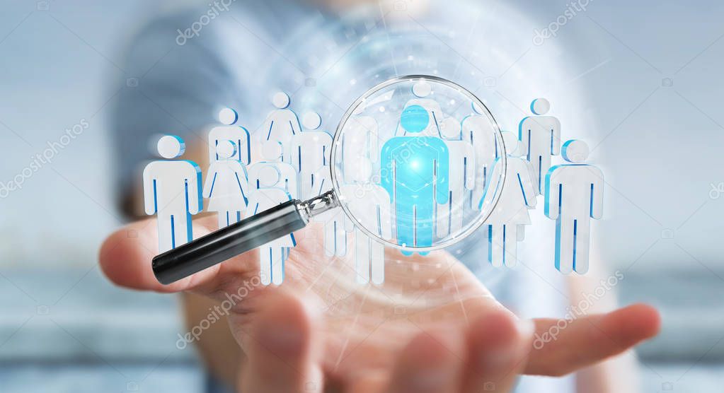 Businessman on blurred using magnifying glass to recruit people 3D rendering