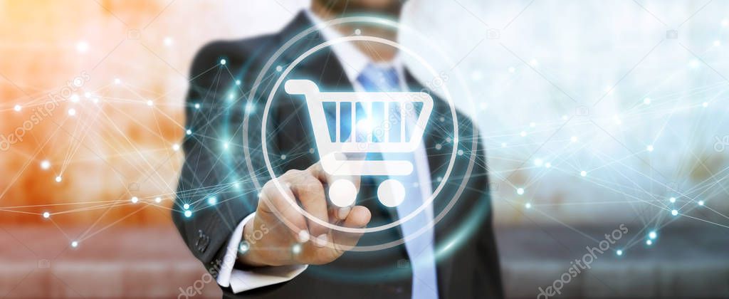 Businessman on blurred background using digital shopping icons with connections 3D rendering