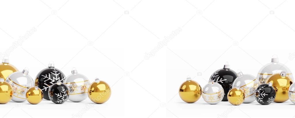 Gold and black christmas baubles isolated on white background 3D rendering
