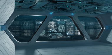 Mavi uzay gemisi iç denetim masası ekranlar 3d render ile uzayda