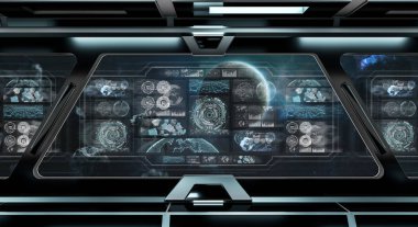 Denetim Masası Dijital ekranlar 3d render ile uzayda karanlık uzay gemisi iç