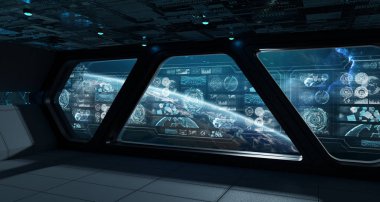 Denetim Masası Dijital ekranlar 3d render ile uzayda karanlık uzay gemisi iç