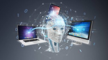 Beyaz insanımsı gri arka plan 3d render üzerinde modern cihazlarla kontrol