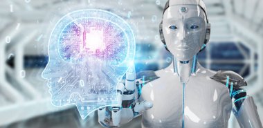 Cyborg bulanık arka planda yapay zeka 3d render oluşturma