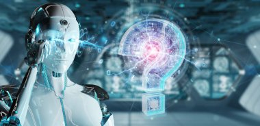 Cyborg bulanık arka plan dijital soru işaretleri 3d render ile sorun çözme