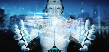 Cyborg tel kafes sanal 3d dijital projeksiyon bir Engine kullanarak arka plan bulanık üzerinde