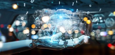 Cyborg tel kafes sanal 3d dijital projeksiyon bir Engine kullanarak arka plan bulanık üzerinde