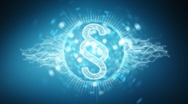 Hukuk paragraf dijital hologram üzerinde mavi arka plan 3d render