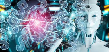 Cyborg Yargıç 3d işleme dijital paragraf hukuk simgesini kullanarak arka plan bulanık üzerinde