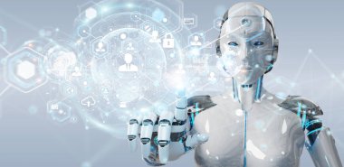 Dijital ekran arabirimi 3d rendering kullanarak arka plan bulanık beyaz kadın robot