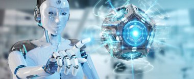 Beyaz kadın dron güvenlik kamera 3B oluşturmayı kullanarak arka plan bulanık üzerinde insansı