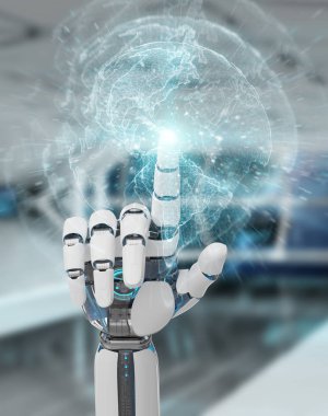 Beyaz cyborg el planet Earth arabirimi 3d rendering kullanarak arka plan bulanık üzerinde